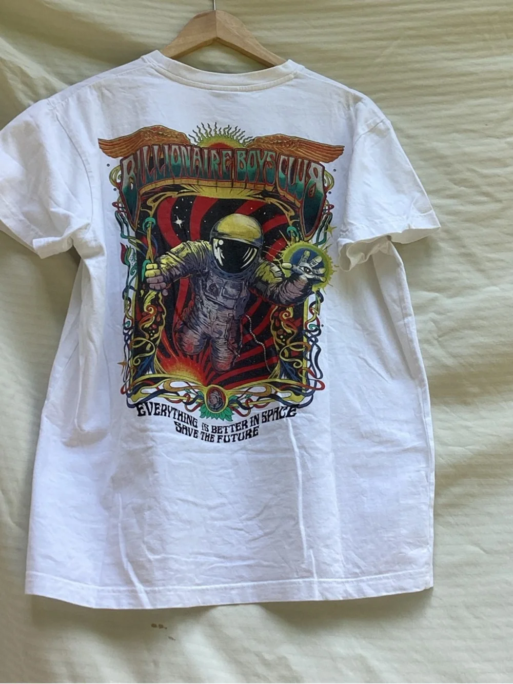 Billionaire Boys Club White Crewneck Tee with Black Helmet Logo, size medium